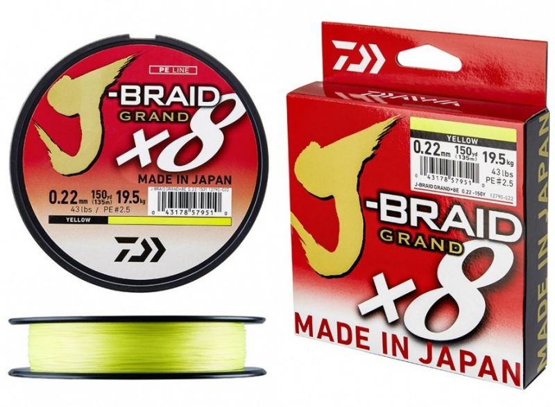 Daiwa J-Braid Grand X8 yellow gevlochten visdraad 0.16mm 135m