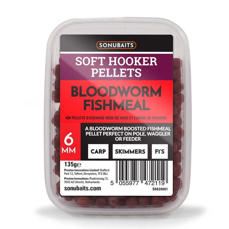 Sonubaits Soft Hooker Pellets Bloodworm Fishmeal rood vispellets 6mm 135g